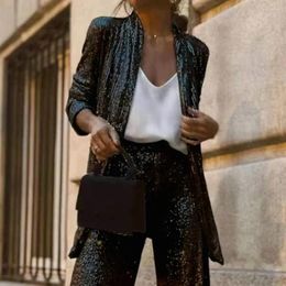 Women's Two Piece Pants Women Sequin Sparkly Party Elegant Cardigan Wide Leg Set For Formal Commute Style Coat With High