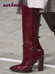 Boots Burgundy Buckle Block Heeled Pointy Toe Knee High Women's Back Zipper Solid Patchwork Runway Party Shoes Elegant