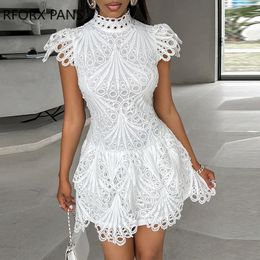 Women Solid Small Flying Sleeves Hook Flower Hollow Stand Collar Mini Formal Party White Dress 240415