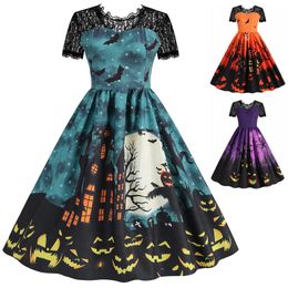 C Halloween Dress Up Womens Lace Round Neck Short Sleeve Printed Large Swing