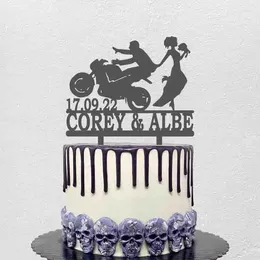 Party Supplies Custom Couple Name Wedding Date Bride Drags Groom From Motorcycle Silhouette Outdoor Theme Cake Topper