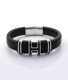 12MM Wide Braided Retro Genuine Leather Bracelet For Men Stainless steel H Bead Bracelets with Magnet Clasp1249854