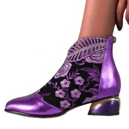 Ankle Boots Womens Shoes Leather Boots Embroidery Ethnic Bohemia Zipper Spring Autumn Ladies Botas De Mujer 240411