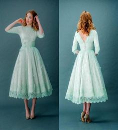 1920s039 Vintage Lace Prom Dresses Half Sleeves Mint Green Tea Length Spring Plus Size Backless Evening Party Dresses Graduatio2698775