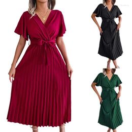 Casual Dresses Women Dress Office Ladies Summer Clothes V Neck Short Sleeve Pleated Big Hem Solid Color Long With Belt