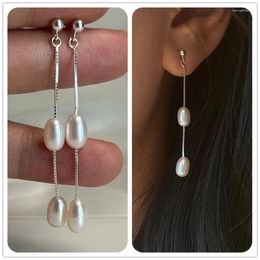 Dangle Earrings Solid 925 Sterling Silver Snale Chain Tassel Drop With Freshwater Pearl Bridal Wedding Fine Jewellery For Women