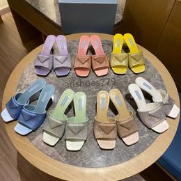 Women's 6.5cm heel designer slippers mules silk rhinestone triangle buckle square toe sandals Simplicity leisure comfortable Flat bottom slippers 35-42 with box