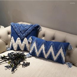 Pillow Navy Blue Cover Case Zigzag Tufted Handmade For Sofa Seat Tassles Home Decorative Canvas 45x45cm