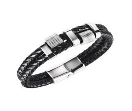 Trendy Black Double Braided Leather Rope Chain Bracelet Men Stainless Steel hippop Male Bangles Wrist Jewellery Gift48642569022870