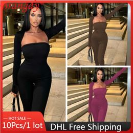 Women's Two Piece Pants 10pcs Bulk Items Wholesale Sexy Strapless Jumpsuit Sets For Women Long Sleeve Cover Up Jumpsuits 2024 Fall Y2k