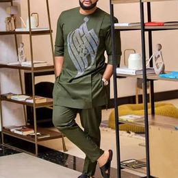 African Boubou Mens Dashiki Clothing Luxury Pants Sets Full Elegant Suits For Men In 2Pc Brand Costume Rhinestones Abaya 240410