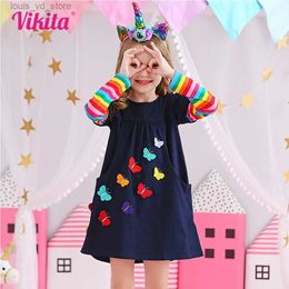 Girl's Dresses VIKITA Children Rainbow Striped Dress Girls Sequined Dresses Kids Autumn Dress with Pockets Girl Cotton Vestidos 3-12Yrs T240415