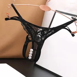 Women's Panties 1pc Transparent Pearl Massage Hollow Butterfly Low Waist Women Thong Bikini Embroidered Open Sexy Stretchy Sweet Fashion