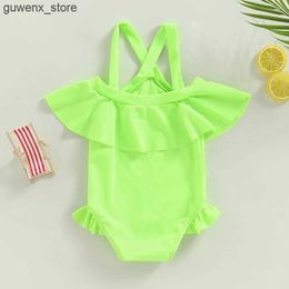 One-Pieces 1-4T Baby Girls Pure Colour Sexy Cute Fluorescent Colour Swimsuit Cute Off-Shoulder Sleeveless Ruffled Bikini Set Swimsuit Y240412 Y240412Y240417C4RV