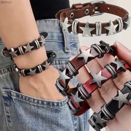 Other Bracelets Vintage Star Wrap Leather Bracelet Men Punk Rock Pentagram Spikes Rivet Gothic Wide Cuff Bangle Women Y2K Jewellery AccessoriesL240415