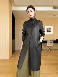 Women's Leather Long Elegant Sheepskin Coat For Women Spring Fall 2024 Trend High-end Simple Single Breasted Genuine Windbreaker Jacket