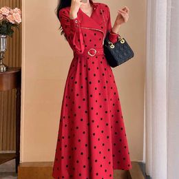 Casual Dresses Office Lady Elegant Tailored Collar Polka Dot Spring Autumn Women's Clothing A-Line Sashes Chic Asymmetrical Long Dress