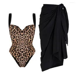 Women's Swimwear Fashion Leopard Printed One-Piece Swimsuit Sling Slim Bikini Vintage Solid Colour Cover Up Beachwear Strap Blouse 2024