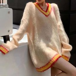 Korean Version of Autumn Winter New Sweet, Soft, Gentle Contrasting Color V-neck Brushed Loose and Lazy Style Sweater for Women