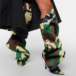 Women Stiletto Heel Camouflage Boots Sexy Pointed Toe Pleated Knee High Boots Buttons Metal Decor Motorcycle Boots