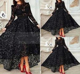 2016 Fashion New Arrival Charming Long Sleeve Round Neck Zipper Up ALine AsymmetricBlack Lace Evening Dresses 10004436192