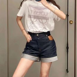 High End Loe * Spring/summer 24ss Colour Pocket Leather Label Curled Shorts Waist Jeans for Women