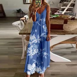 Casual Dresses Vacation Dress Bohemian Style Floral Print Maxi For Women Beach Sundress With V Neck Strappy Design Summer