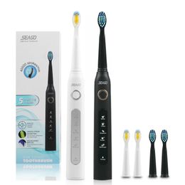 Toothbrush SEAGO Electric Toothbrush Rechargeable Sonic Travel Toothbrush Replacement Heads Smart Timer IPX7 Waterproof 5 Modes Adult 230518