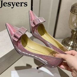 Dress Shoes Women Thin High Heels Pumps Spring Pointed Toe Gradient Shallow Mouth Bow Decor Single Runway Sexy Wedding Bride