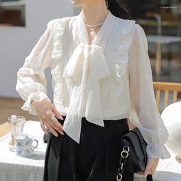 Women's Blouses QOERLIN Bow Blouse Women Ruffles Sweet Korean Fashion Spring Tops Long Sleeve Flare Button Up Shirts Beige S-XL