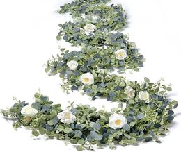 Decorative Flowers Eucalyptus Garland with White Rose Artificial Floral Vines for Wedding Table Runner Doorways Decoration Indoor 4988792