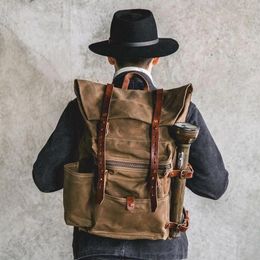 Backpack Retro Oil Wax Waterproof Rucksack Cowhide Outdoor Hiking Bag Men's Large-capacity School