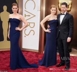 Amy Adam Mermaid Strapless Sweep Train Dark Blue Satin 86 Oscar Annual Academy Awards Celebrity Red Carpet Dresses Evening Gowns D6790037