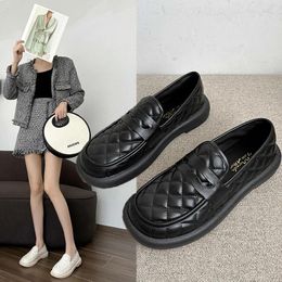 Casual Shoes Women's Lolita Soft Leather British Style Round Toe Sole Ladies Loafers Retro Rhombus Square Heel Women Flats