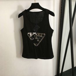 Spring/summer Shenzhen Selling Womens Clothing Triangle Label Sequin Letter Embroidered Tank Top White