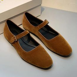 Casual Shoes Square Toe Vintage Leather Spring Velvet Shallow Flat For Women