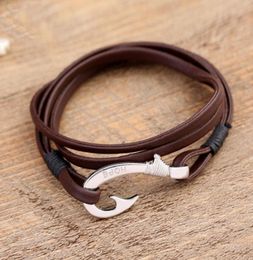 BFF2 Korean version of the popular brown leather rope tie line bracelet Ancient silver fish hook bracelet alloy anchor character b3937305