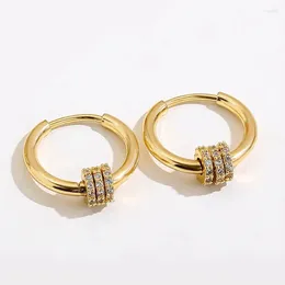 Hoop Earrings Trendy Small Round Gold Colour Stainless Steel Huggies For Women Zirconia CZ Triple Gear Charm Ear Buckle