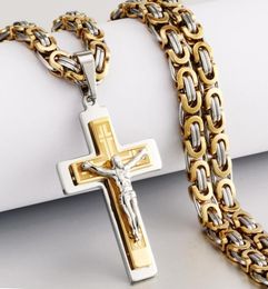 Religious Men Stainless Steel Crucifix Cross Pendant Necklace Heavy Byzantine Chain Necklaces Jesus Christ Holy Jewellery Gifts Q1125953778