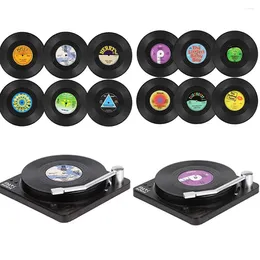 Table Mats Set Of 6 Coasters For Drinks Music With Record Player Holder Retro Disc Mat Mug Pad