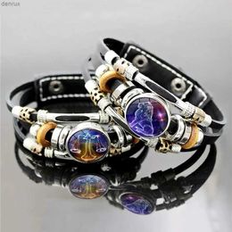 Other Bracelets 12 Constellation Leather Bracelet Zodiac Sign Glass Snap Button Bracelets For Men WomenL240415