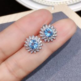 Stud Earrings Classic 925 Silver Topaz 5mm Total 1ct Natural Light Blue For Woman Gift