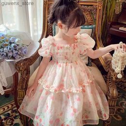 Girl's Dresses Baby Girl Princess Dress Summer 2024 New Childrens Girl Flower Chiffon Bead Puff Dress Y240415Y2404177O95