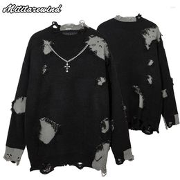 Men's Sweaters Hip Hop Streetwear Spring Autumn Sweater Men Fashion Patched Design Hole Mens With Necklace Oversized Pullovers