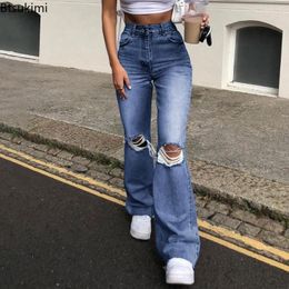 Women's Jeans 2024 Fashion Wide Legs Trousers Ripped Holes Pants Female High Waist Baggy Woman Denim Joggers