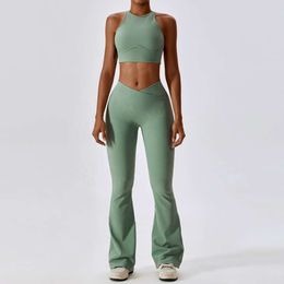 Lu Set Jumpsuit Align Lemon Women Soft Compression Elastic V Cut Ribbed Dance Flare Pants and Bra New Solid Colour Gym Fiess Yoga Set Woman