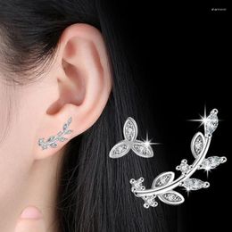 Stud Earrings Authentic 925 Sterling Silver Asymmetric Mini Tiny Leaves Clear CZ For Women Fine Jewelry Fashion Girl Party Gift