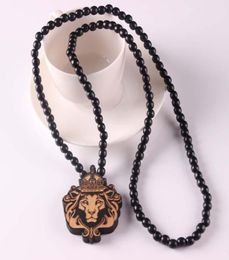 Good Wood Chase Infinite Deep Brown Lion head Pendant Wooden Beads Necklace Hip Hop Fashion Jewelry animal for women men chain8829342