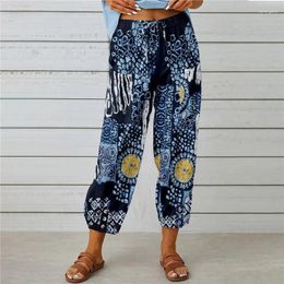 Women's Pants Women Retro Printed Cotton Linen Drawstring Elastic Waist Long