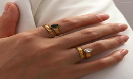 Wedding Rings Open Ring 18K Gold Plated 316L Stainless Steel Zircon For Women Green Chunky Finger Waterproof Jewelry7904914